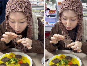 At eti yiyen kadın o anları kayda alıp paylaştı: İlk lokmada…